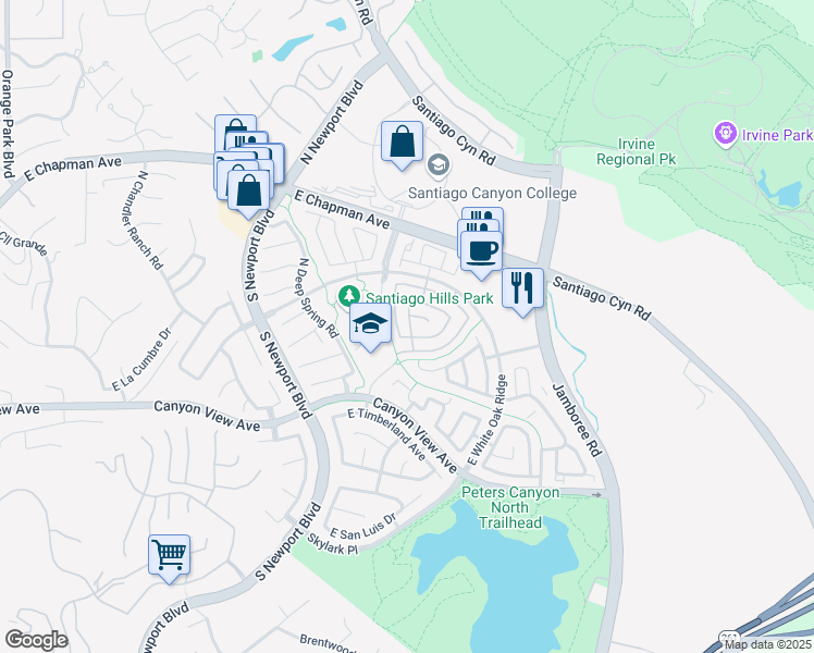 map of restaurants, bars, coffee shops, grocery stores, and more near 240 North Lazy Meadow Road in Orange