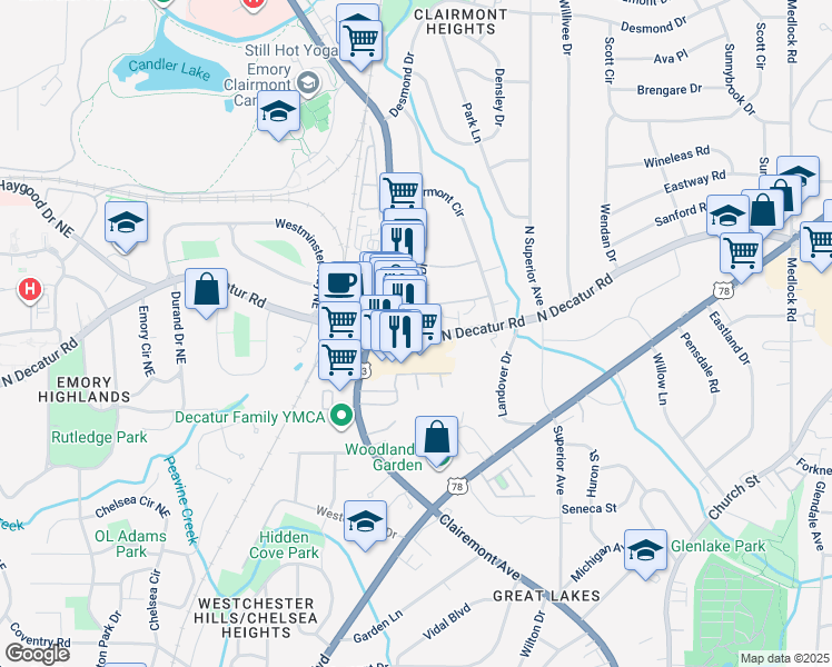 map of restaurants, bars, coffee shops, grocery stores, and more near 2148 North Decatur Road in Decatur