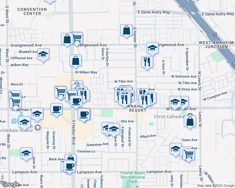 map of restaurants, bars, coffee shops, grocery stores, and more near 11872 Sungrove Circle in Garden Grove