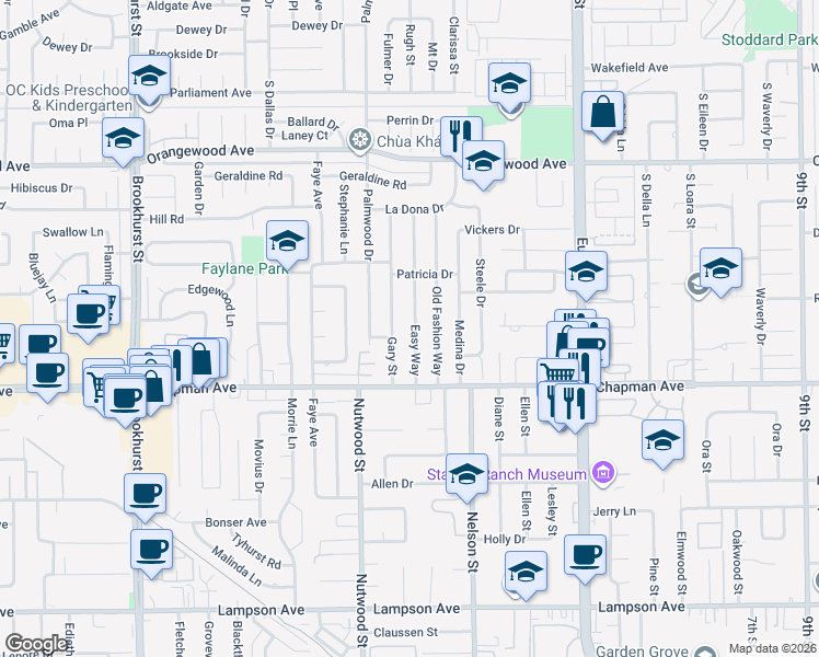 map of restaurants, bars, coffee shops, grocery stores, and more near 11851 Easy Way in Garden Grove