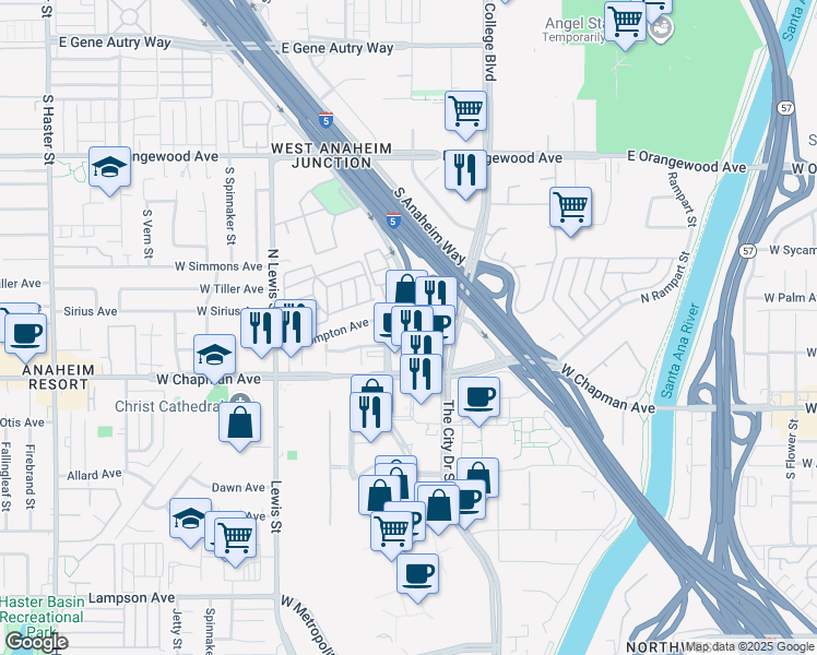 map of restaurants, bars, coffee shops, grocery stores, and more near 3741 West Chapman Avenue in Orange