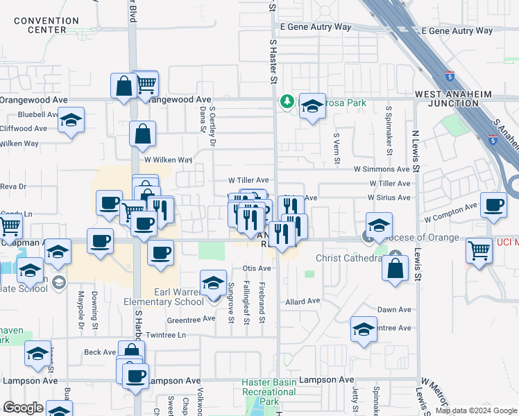 map of restaurants, bars, coffee shops, grocery stores, and more near 11872 Firebrand Circle in Garden Grove