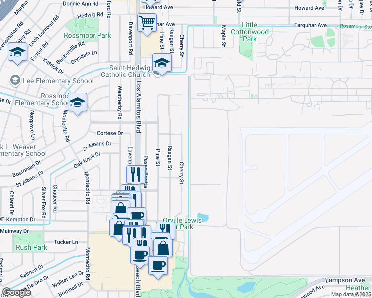 map of restaurants, bars, coffee shops, grocery stores, and more near 11862 Cherry Street in Los Alamitos