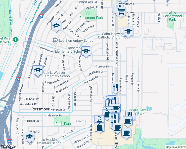 map of restaurants, bars, coffee shops, grocery stores, and more near 3272 Saint Albans Drive in Los Alamitos