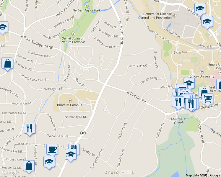 map of restaurants, bars, coffee shops, grocery stores, and more near 1291 North Decatur Road in Atlanta