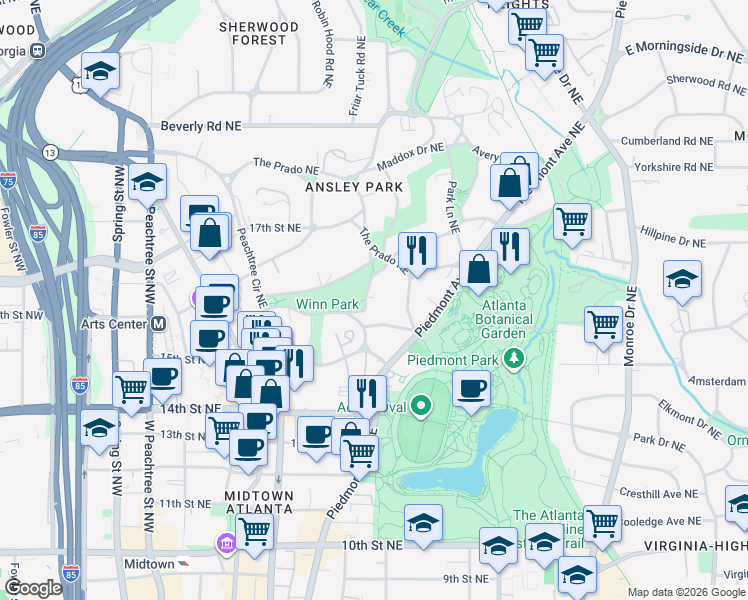map of restaurants, bars, coffee shops, grocery stores, and more near 3 Barksdale Drive Northeast in Atlanta