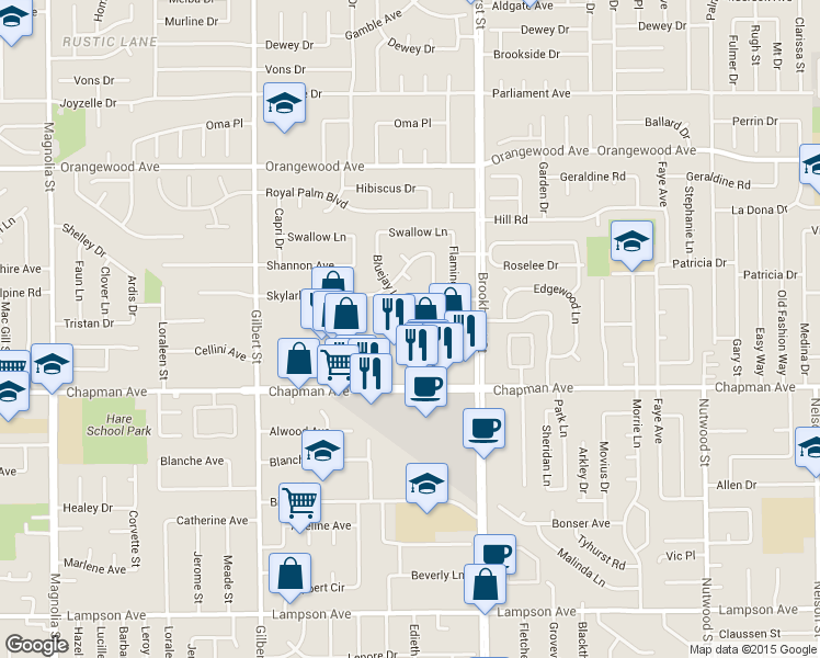 map of restaurants, bars, coffee shops, grocery stores, and more near 9842 Cockatoo Lane in Garden Grove