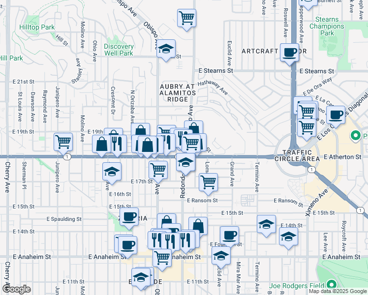 map of restaurants, bars, coffee shops, grocery stores, and more near 1813 Redondo Avenue in Signal Hill