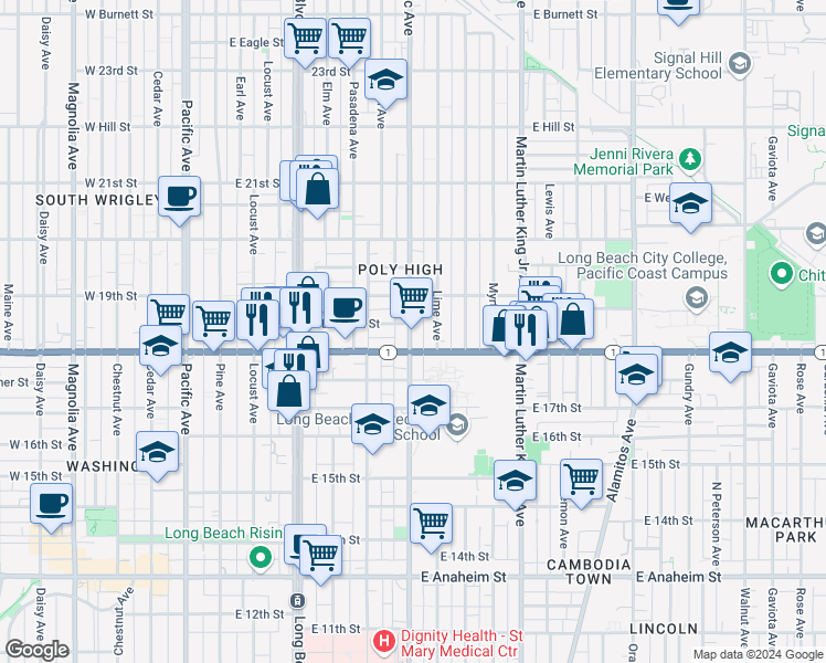 map of restaurants, bars, coffee shops, grocery stores, and more near 1834 Atlantic Avenue in Long Beach