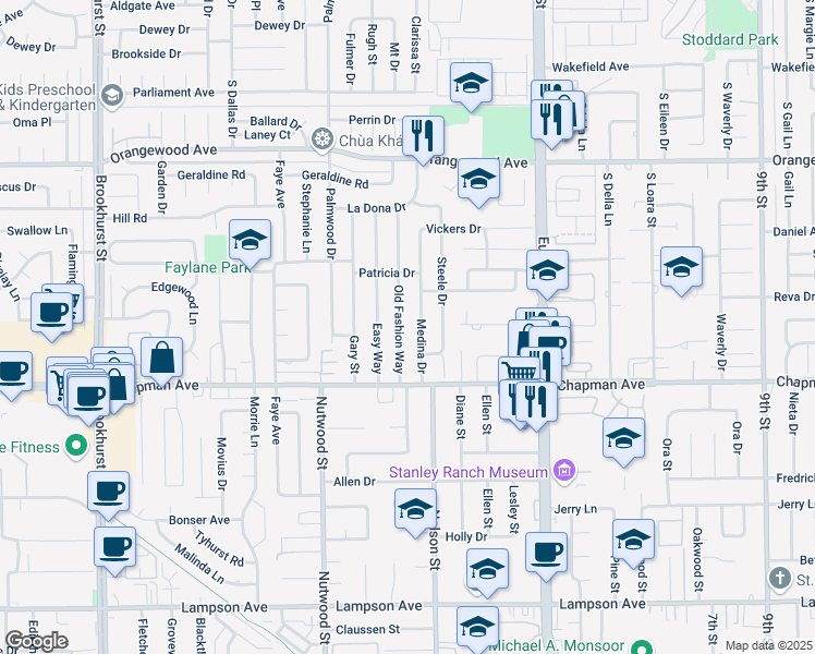 map of restaurants, bars, coffee shops, grocery stores, and more near 11852 Old Fashion Way in Garden Grove