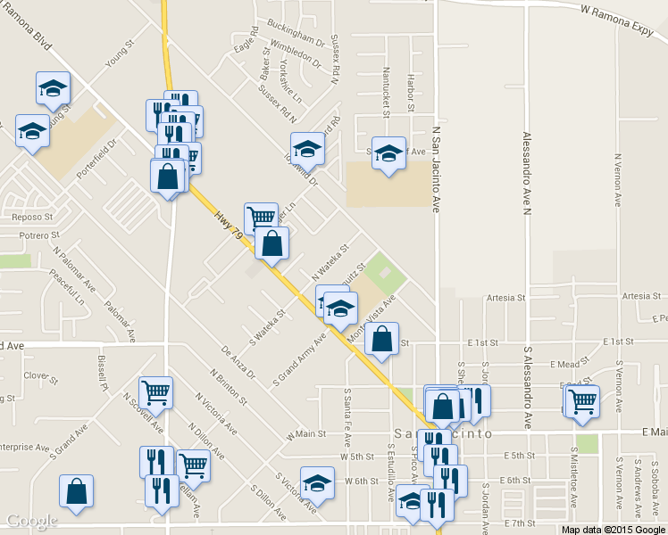 map of restaurants, bars, coffee shops, grocery stores, and more near 247 North Wateka Street in San Jacinto