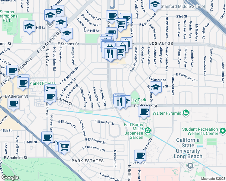map of restaurants, bars, coffee shops, grocery stores, and more near 1908 N Bellflower Blvd in Long Beach
