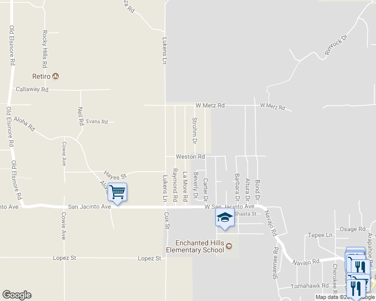 map of restaurants, bars, coffee shops, grocery stores, and more near 22722 La More Road in Perris