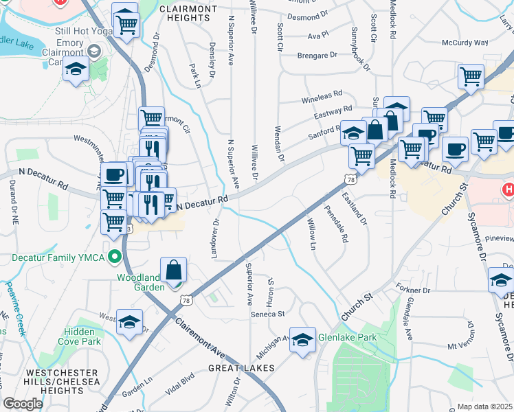 map of restaurants, bars, coffee shops, grocery stores, and more near 124 Willow Lane in Decatur