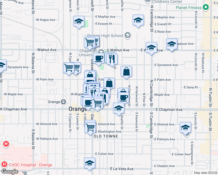 map of restaurants, bars, coffee shops, grocery stores, and more near 243 North Grand Street in Orange