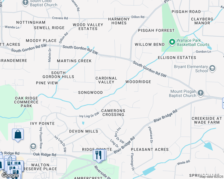 map of restaurants, bars, coffee shops, grocery stores, and more near 6671 Emily Lane in Austell