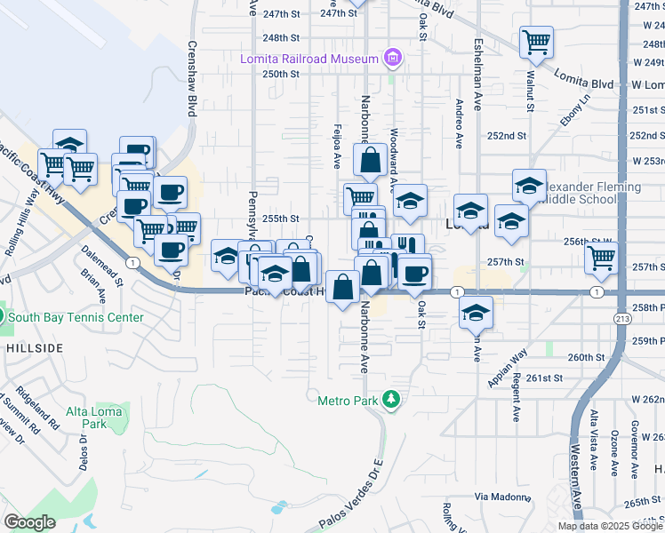 map of restaurants, bars, coffee shops, grocery stores, and more near 25616 Lucille Avenue in Lomita