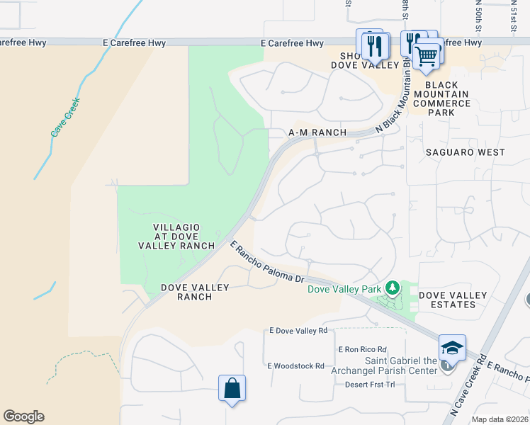 map of restaurants, bars, coffee shops, grocery stores, and more near 4422 East Coyote Wash Drive in Cave Creek