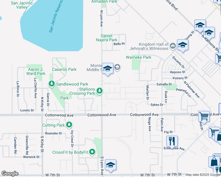 map of restaurants, bars, coffee shops, grocery stores, and more near Majesty Circle in San Jacinto