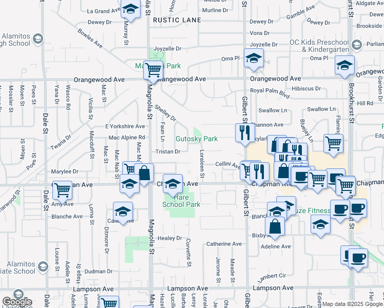 map of restaurants, bars, coffee shops, grocery stores, and more near 11842 Ardis Drive in Garden Grove