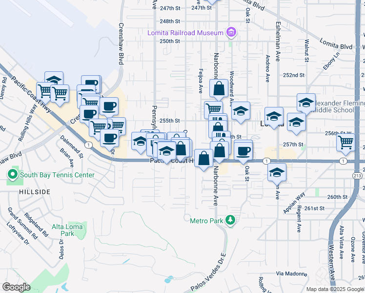 map of restaurants, bars, coffee shops, grocery stores, and more near 25617 Cypress Street in Lomita