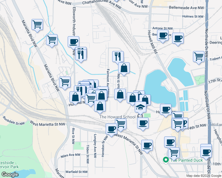 map of restaurants, bars, coffee shops, grocery stores, and more near 1295 Fairmont Avenue Northwest in Atlanta