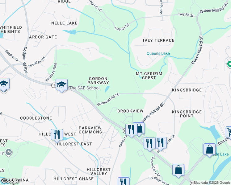 map of restaurants, bars, coffee shops, grocery stores, and more near 321 Hunnicut Road Southeast in Mableton