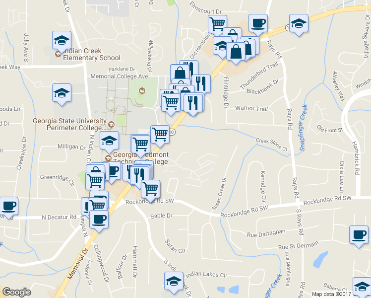map of restaurants, bars, coffee shops, grocery stores, and more near 4947 Memorial Drive in Stone Mountain