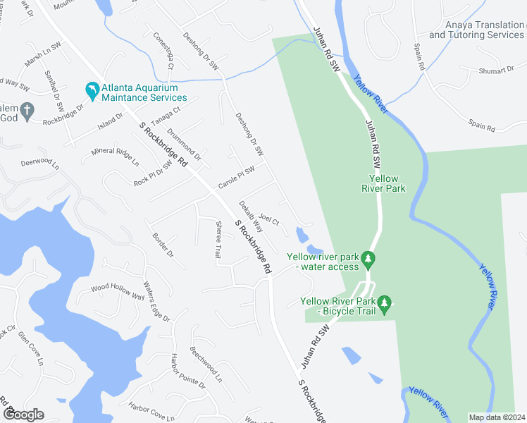 map of restaurants, bars, coffee shops, grocery stores, and more near 3434 Joel Court in Stone Mountain