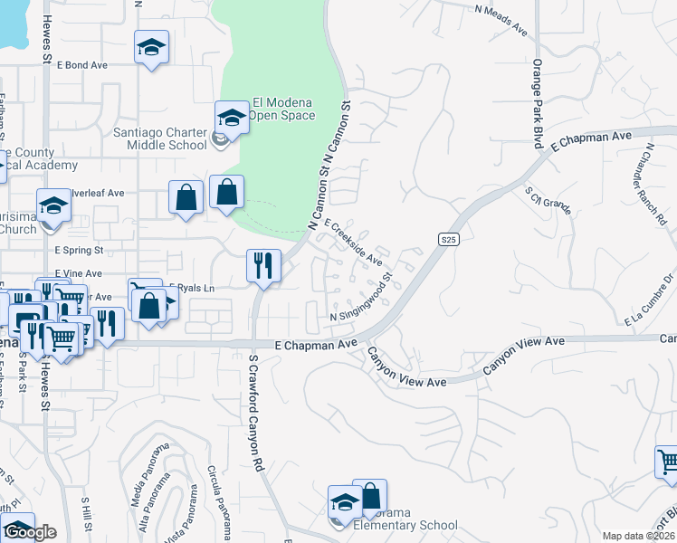 map of restaurants, bars, coffee shops, grocery stores, and more near 5715 East Stillwater Avenue in Orange