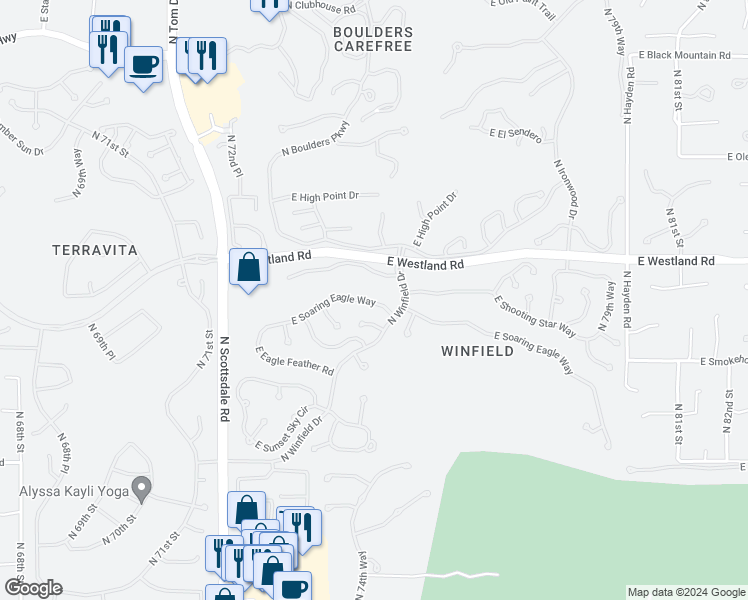 map of restaurants, bars, coffee shops, grocery stores, and more near 7456 East Soaring Eagle Way in Scottsdale