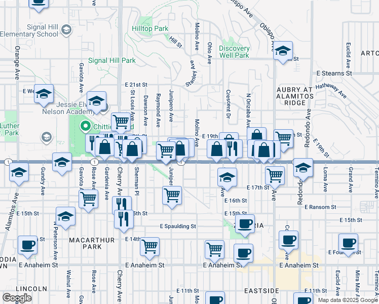 map of restaurants, bars, coffee shops, grocery stores, and more near 1836 Stanley Avenue in Signal Hill