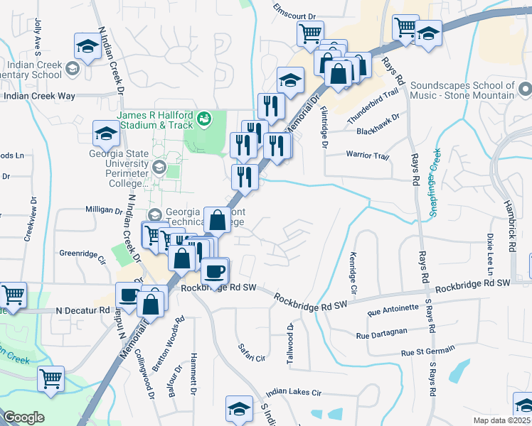 map of restaurants, bars, coffee shops, grocery stores, and more near 4947 Spring Hill Bend in Stone Mountain