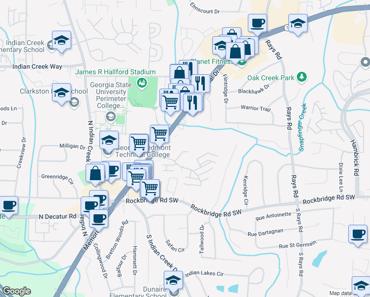 map of restaurants, bars, coffee shops, grocery stores, and more near 4947 Spring Hill Bend in Stone Mountain