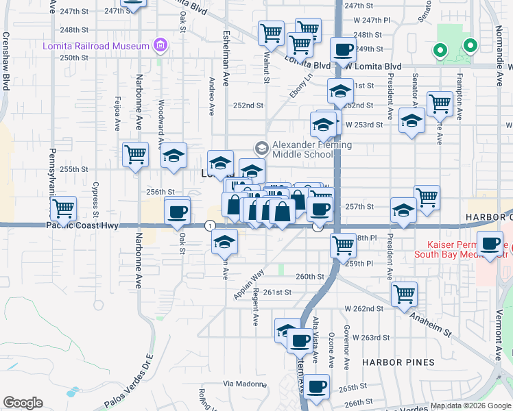 map of restaurants, bars, coffee shops, grocery stores, and more near 1910 257th Street in Lomita