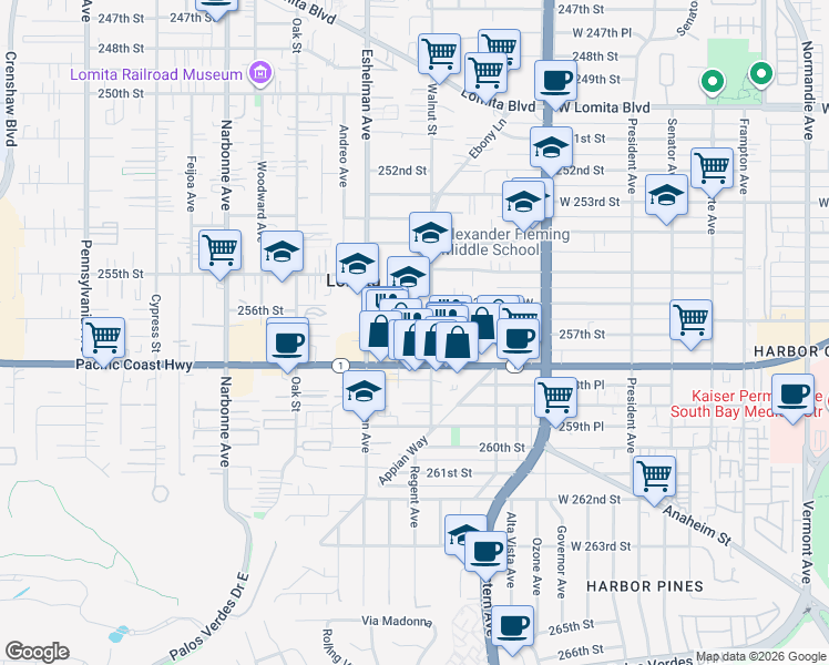 map of restaurants, bars, coffee shops, grocery stores, and more near 1916 257th Street in Lomita