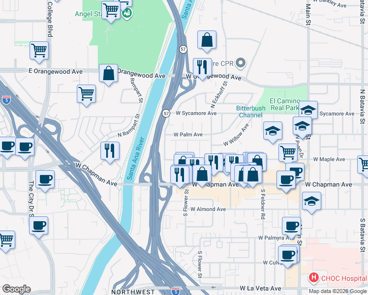 map of restaurants, bars, coffee shops, grocery stores, and more near 246 North Flower Street in Orange