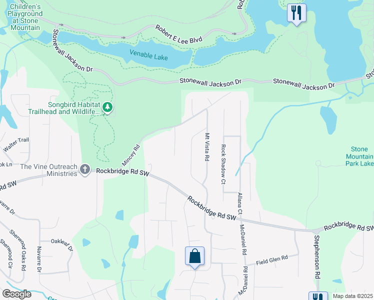 map of restaurants, bars, coffee shops, grocery stores, and more near 512 Stonewood Drive in Stone Mountain