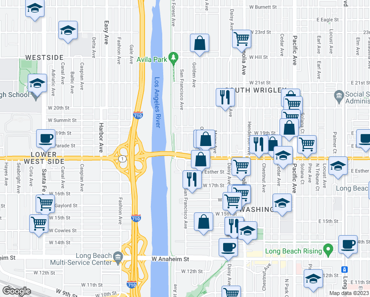 map of restaurants, bars, coffee shops, grocery stores, and more near 1838 San Francisco Avenue in Long Beach