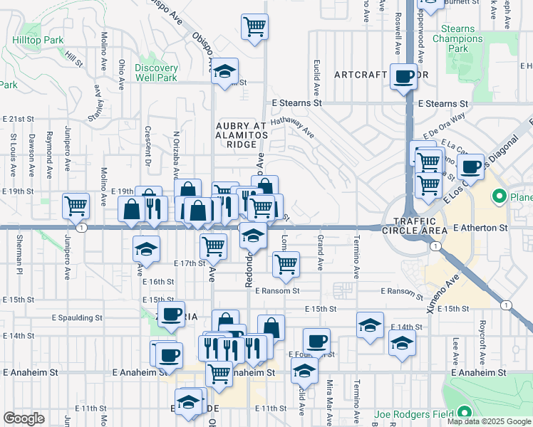 map of restaurants, bars, coffee shops, grocery stores, and more near 1813 Redondo Avenue in Signal Hill