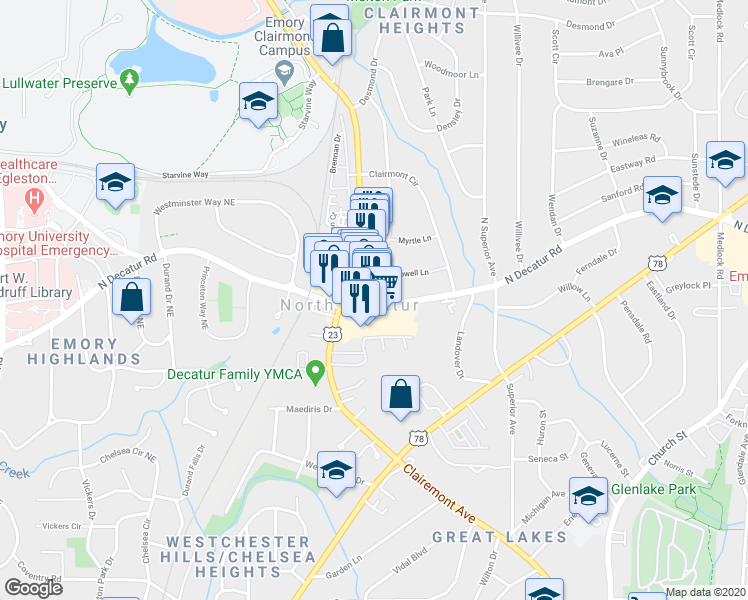map of restaurants, bars, coffee shops, grocery stores, and more near 2136 North Decatur Road in Decatur