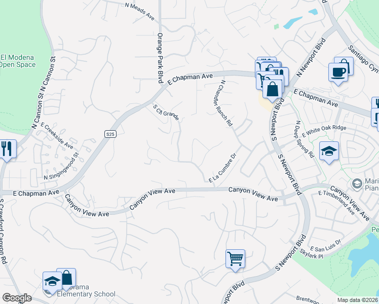 map of restaurants, bars, coffee shops, grocery stores, and more near 220 North Buckskin Way in Orange