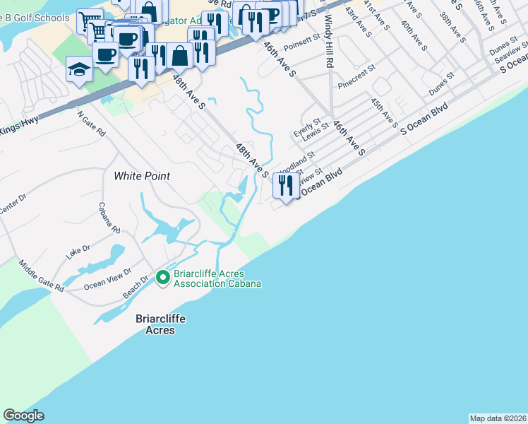 map of restaurants, bars, coffee shops, grocery stores, and more near 719 North Beach Boulevard in North Myrtle Beach