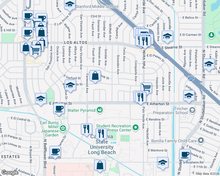 map of restaurants, bars, coffee shops, grocery stores, and more near 1875 McNab Avenue in Long Beach