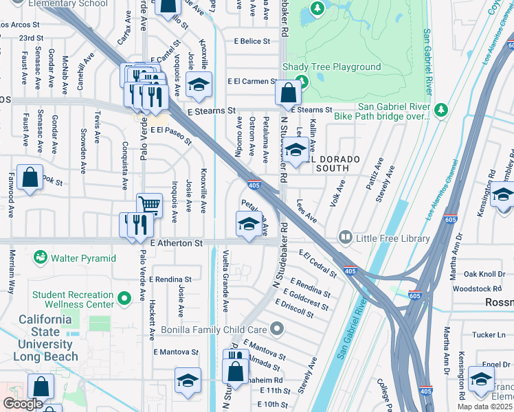 map of restaurants, bars, coffee shops, grocery stores, and more near 1866 Petaluma Avenue in Long Beach