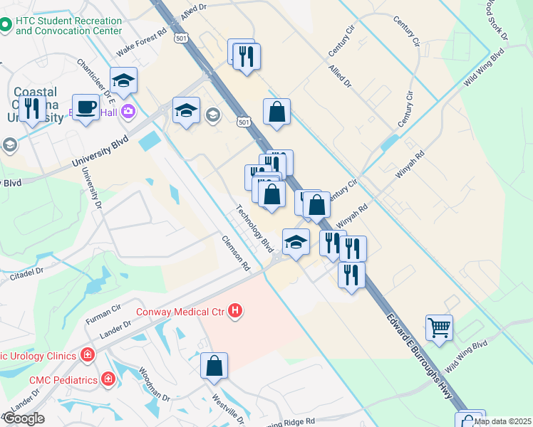 map of restaurants, bars, coffee shops, grocery stores, and more near 2290 U.S. 501 in Conway