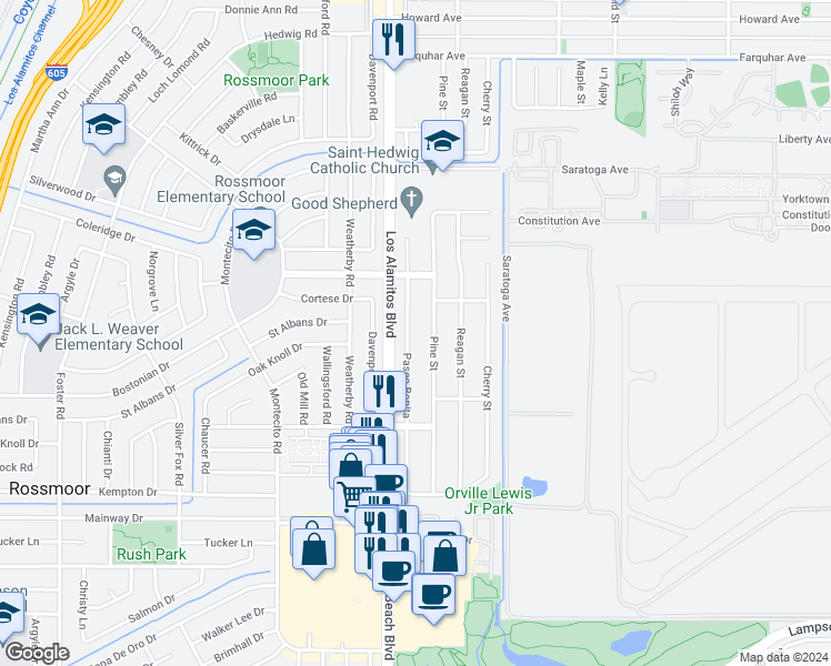 map of restaurants, bars, coffee shops, grocery stores, and more near 11862 Paseo Bonita in Los Alamitos
