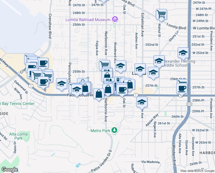 map of restaurants, bars, coffee shops, grocery stores, and more near 25624 Narbonne Avenue in Lomita