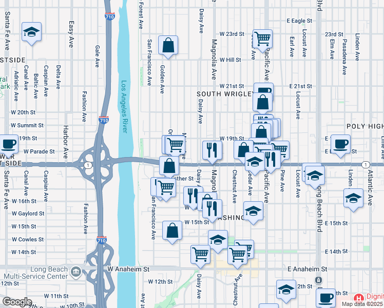 map of restaurants, bars, coffee shops, grocery stores, and more near 1835 Daisy Avenue in Long Beach