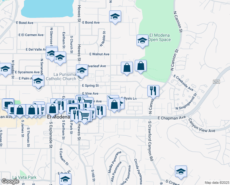 map of restaurants, bars, coffee shops, grocery stores, and more near 11762 South Rancho Santiago Boulevard in Orange